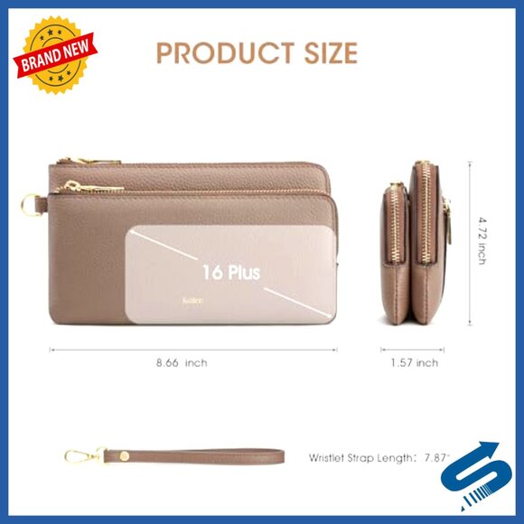 Leather RFID Wristlet Wallet, Slim Clutch with Card Slots, Compact Travel Purse